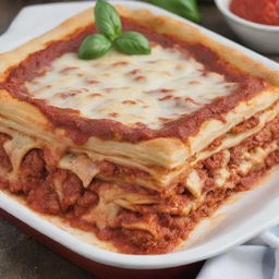 A tantalizing image of pizza lasagna, melding the iconic features of a margherita pizza with layers of pasta, cheese, and hearty marinara sauce.