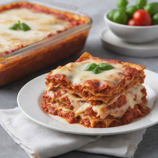 A tantalizing image of pizza lasagna, melding the iconic features of a margherita pizza with layers of pasta, cheese, and hearty marinara sauce.