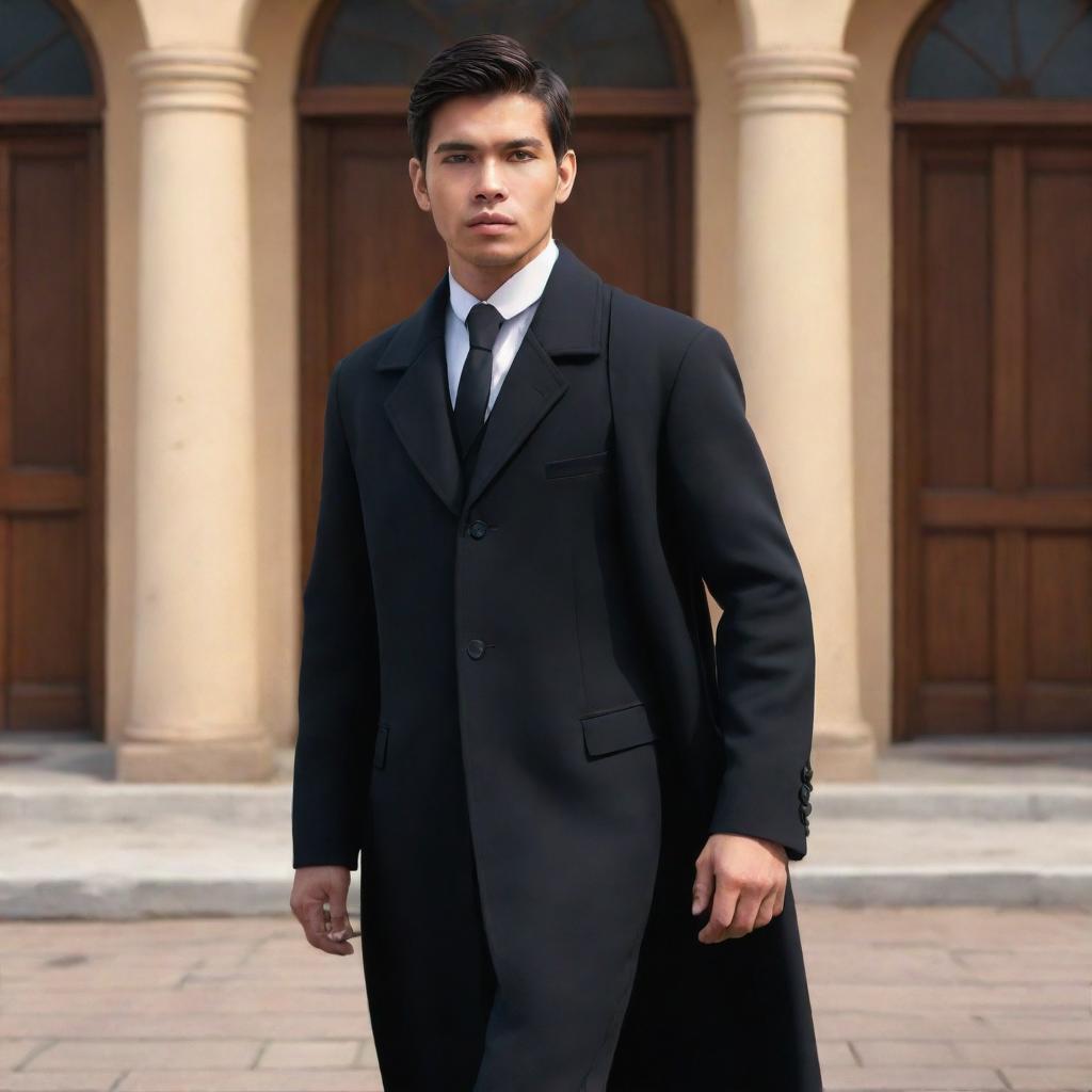 Illustrate in animated style a youthful, handsome Filipino man with black eyes and black formal coat, living in the Spanish colonial era of the Philippines. He is confidently entering a historical office, accompanied by elder businessmen.