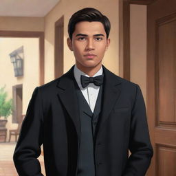 Illustrate in animated style a youthful, handsome Filipino man with black eyes and black formal coat, living in the Spanish colonial era of the Philippines. He is confidently entering a historical office, accompanied by elder businessmen.