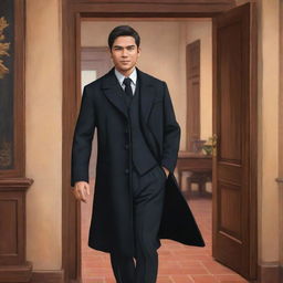 Illustrate in animated style a youthful, handsome Filipino man with black eyes and black formal coat, living in the Spanish colonial era of the Philippines. He is confidently entering a historical office, accompanied by elder businessmen.