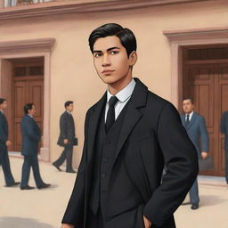 Illustrate in animated style a youthful, handsome Filipino man with black eyes and black formal coat, living in the Spanish colonial era of the Philippines. He is confidently entering a historical office, accompanied by elder businessmen.