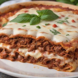 A pizza lasagna with melted cheese, tomato sauce and ground meat layers visible, all incorporated into a crusty pizza base, sans any hint of basil leaves.