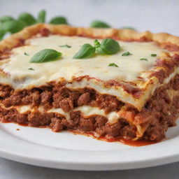 A pizza lasagna with melted cheese, tomato sauce and ground meat layers visible, all incorporated into a crusty pizza base, sans any hint of basil leaves.