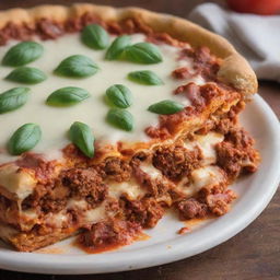 A pizza lasagna with melted cheese, tomato sauce and ground meat layers visible, all incorporated into a crusty pizza base, sans any hint of basil leaves.