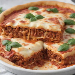 A pizza lasagna with melted cheese, tomato sauce and ground meat layers visible, all incorporated into a crusty pizza base, sans any hint of basil leaves.