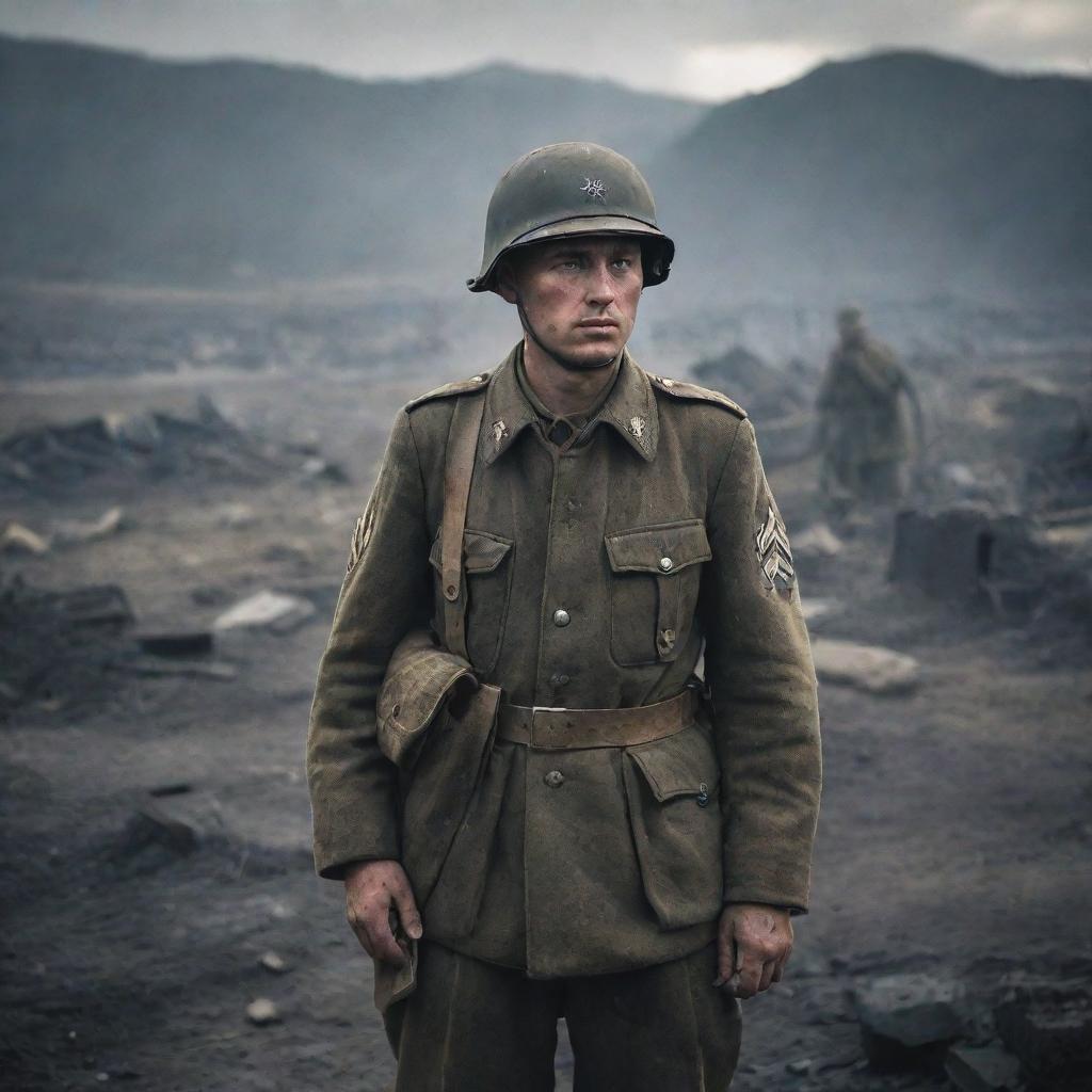 A German soldier from World War II, uniformed and standing alert amidst a war-torn scenery. Features intricate details on the soldier's uniform and equipment, immerse in the grim atmosphere of the WWII era.