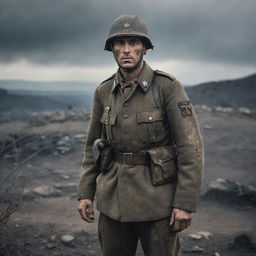 A German soldier from World War II, uniformed and standing alert amidst a war-torn scenery. Features intricate details on the soldier's uniform and equipment, immerse in the grim atmosphere of the WWII era.