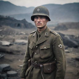 A German soldier from World War II, uniformed and standing alert amidst a war-torn scenery. Features intricate details on the soldier's uniform and equipment, immerse in the grim atmosphere of the WWII era.