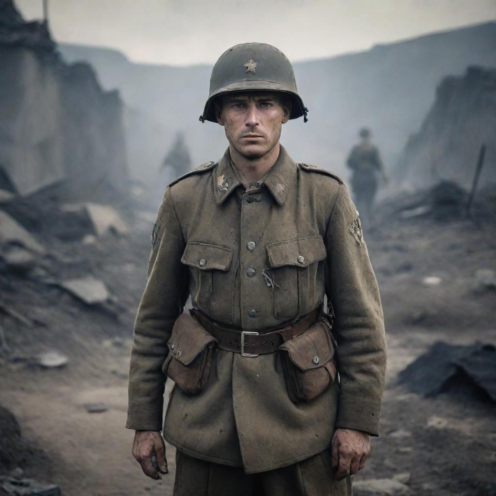 A German soldier from World War II, uniformed and standing alert amidst a war-torn scenery. Features intricate details on the soldier's uniform and equipment, immerse in the grim atmosphere of the WWII era.