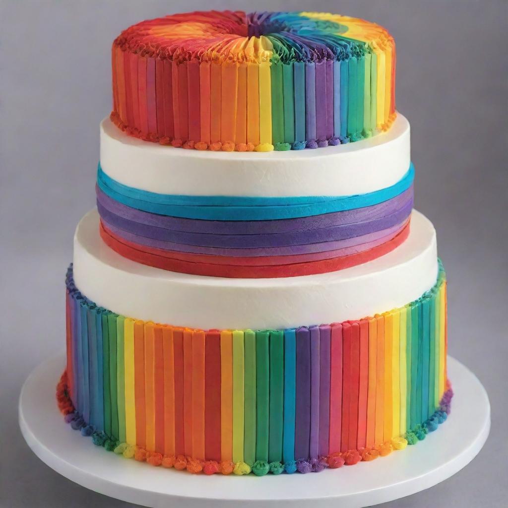 A multi-layered cake showcasing each band of the rainbow spectrum, each color vividly displayed in a cascading arrangement with a glossy icing finish.