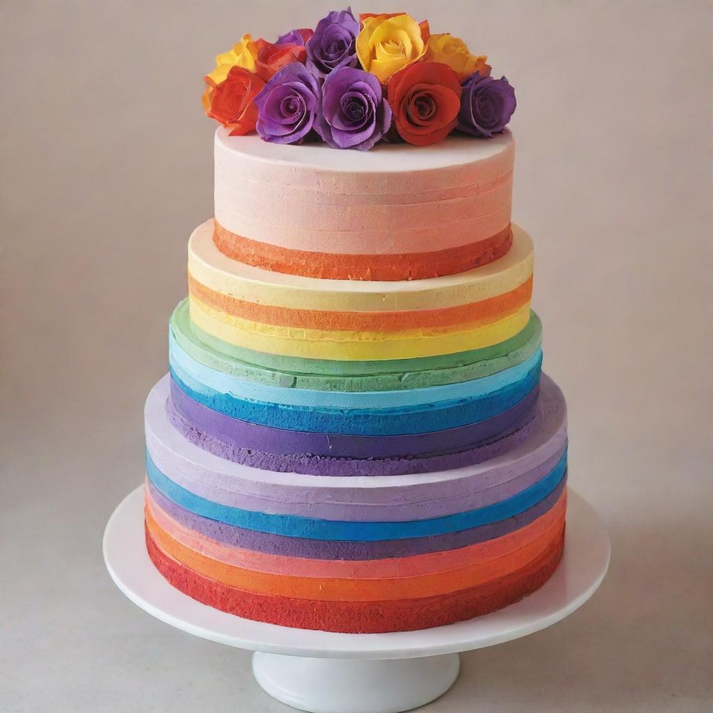 A multi-layered cake showcasing each band of the rainbow spectrum, each color vividly displayed in a cascading arrangement with a glossy icing finish.