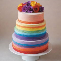 A multi-layered cake showcasing each band of the rainbow spectrum, each color vividly displayed in a cascading arrangement with a glossy icing finish.