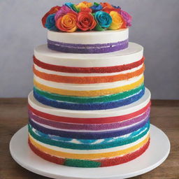 A multi-layered cake showcasing each band of the rainbow spectrum, each color vividly displayed in a cascading arrangement with a glossy icing finish.