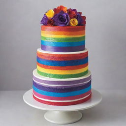 A multi-layered cake showcasing each band of the rainbow spectrum, each color vividly displayed in a cascading arrangement with a glossy icing finish.