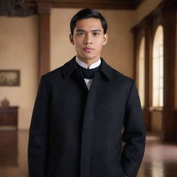 Enhance an animated image of a supremely handsome, youthful Filipino man with black eyes, wearing a black formal coat in the Spanish colonial era. He exudes charisma and confidence as he enters a historical office, accompanied by elder businessmen.