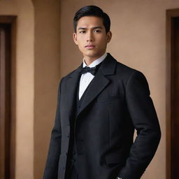 Enhance an animated image of a supremely handsome, youthful Filipino man with black eyes, wearing a black formal coat in the Spanish colonial era. He exudes charisma and confidence as he enters a historical office, accompanied by elder businessmen.