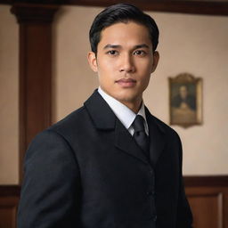 Enhance an animated image of a supremely handsome, youthful Filipino man with black eyes, wearing a black formal coat in the Spanish colonial era. He exudes charisma and confidence as he enters a historical office, accompanied by elder businessmen.