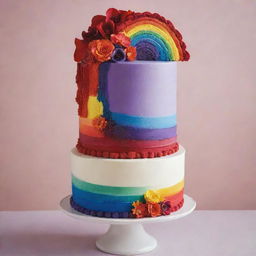 A delectable rainbow-colored cake featuring layers with vivid hues ranging from deep red to violet, with a smooth, luscious icing free of any floral embellishments.