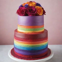 A delectable rainbow-colored cake featuring layers with vivid hues ranging from deep red to violet, with a smooth, luscious icing free of any floral embellishments.