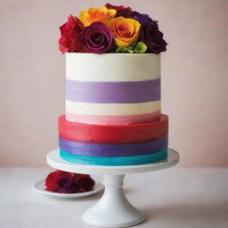 A delectable rainbow-colored cake featuring layers with vivid hues ranging from deep red to violet, with a smooth, luscious icing free of any floral embellishments.