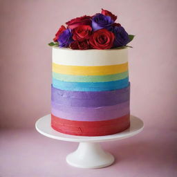 A delectable rainbow-colored cake featuring layers with vivid hues ranging from deep red to violet, with a smooth, luscious icing free of any floral embellishments.