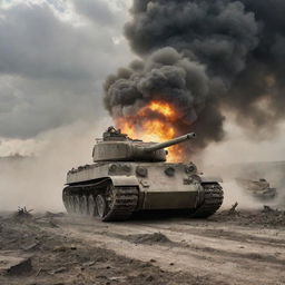 A Tiger tank in action, using its impressive firepower to destroy a Sherman tank on a war-ravaged battlefield, with dramatic clouds of smoke and debris.