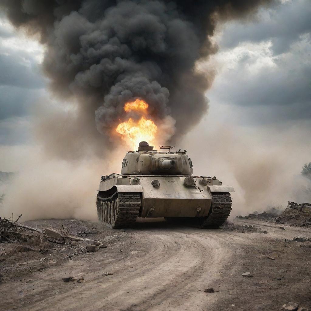 A Tiger tank in action, using its impressive firepower to destroy a Sherman tank on a war-ravaged battlefield, with dramatic clouds of smoke and debris.