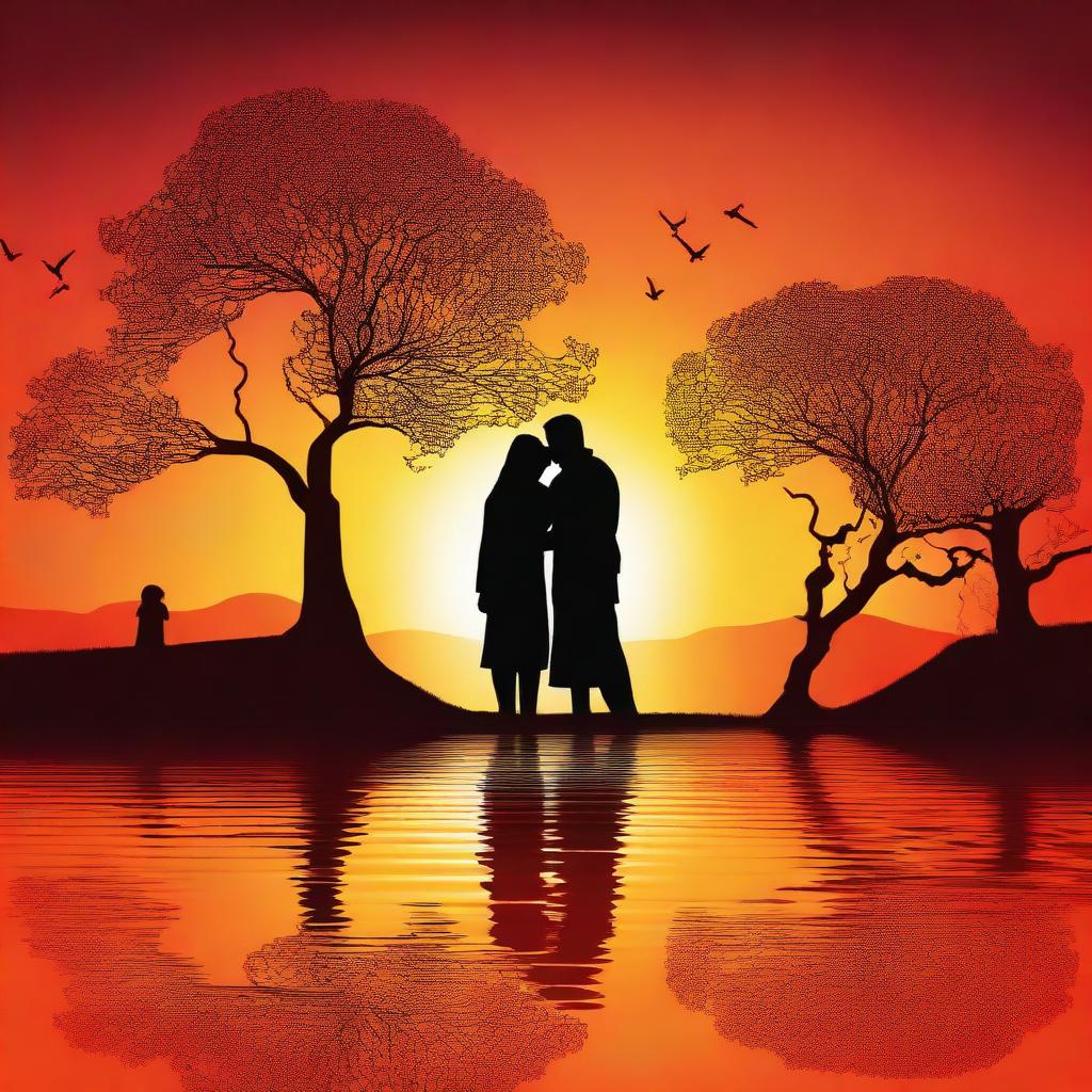 A high-quality digital art image featuring the silhouettes of a couple in love