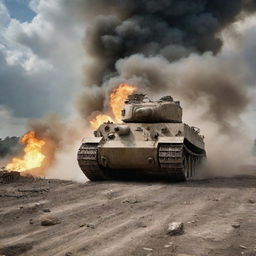 A Tiger tank in action, using its impressive firepower to destroy a Sherman tank on a war-ravaged battlefield, with dramatic clouds of smoke and debris.