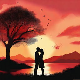 A high-quality digital art image featuring the silhouettes of a couple in love