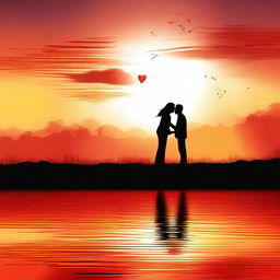 A high-quality digital art image featuring the silhouettes of a couple in love