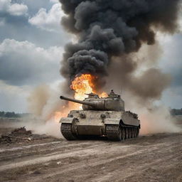 A Tiger tank in action, using its impressive firepower to destroy a Sherman tank on a war-ravaged battlefield, with dramatic clouds of smoke and debris.