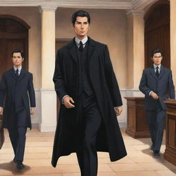 Emphasize an Anime style in illustrating an exceptionally handsome, youthful Filipino man with black eyes, wearing a black formal coat during the Spanish colonial era. He strides confidently into a historical office, accompanied by elder businessmen.