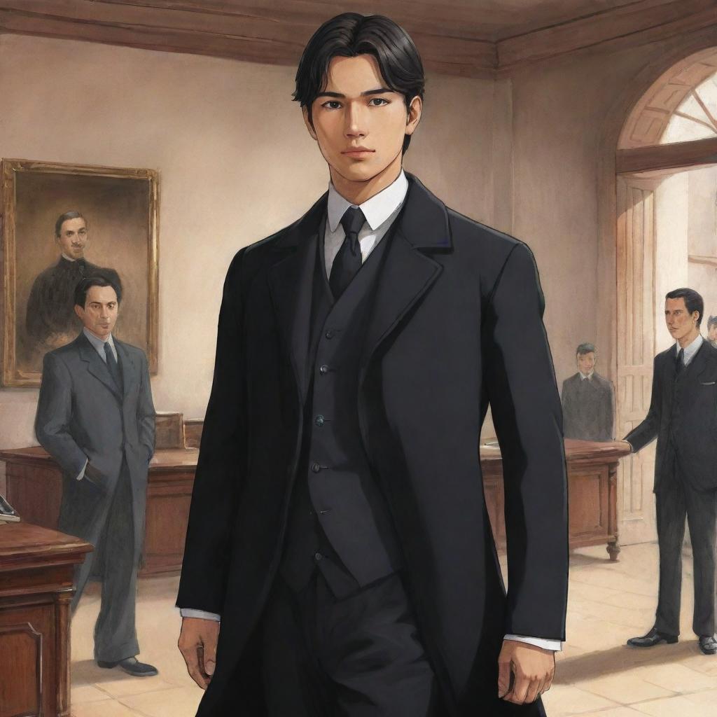 Emphasize an Anime style in illustrating an exceptionally handsome, youthful Filipino man with black eyes, wearing a black formal coat during the Spanish colonial era. He strides confidently into a historical office, accompanied by elder businessmen.