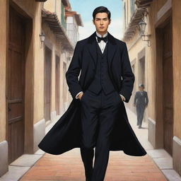 Emphasize an Anime style in illustrating an exceptionally handsome, youthful Filipino man with black eyes, wearing a black formal coat during the Spanish colonial era. He strides confidently into a historical office, accompanied by elder businessmen.