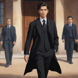 Emphasize an Anime style in illustrating an exceptionally handsome, youthful Filipino man with black eyes, wearing a black formal coat during the Spanish colonial era. He strides confidently into a historical office, accompanied by elder businessmen.