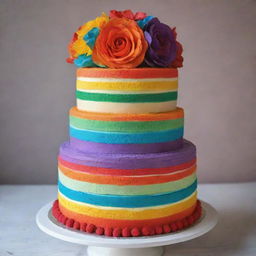 A wonderfully vibrant rainbow cake with multiple layers representing all colours of the spectrum, elegantly served sans any coloured floral decorations.