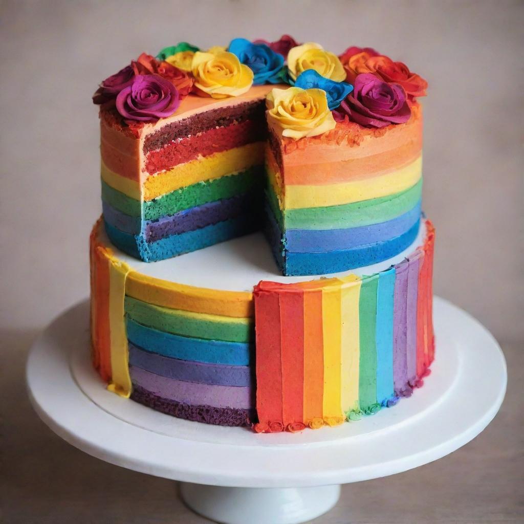 A wonderfully vibrant rainbow cake with multiple layers representing all colours of the spectrum, elegantly served sans any coloured floral decorations.