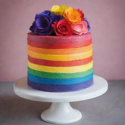 A wonderfully vibrant rainbow cake with multiple layers representing all colours of the spectrum, elegantly served sans any coloured floral decorations.