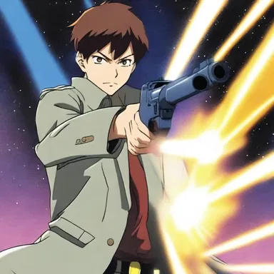 In the anime series, the protagonist's gun muzzle emits a bright and powerful light whenever he fires a shot.