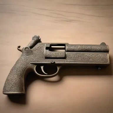 The ancient religious artifact featured a weapon adorned with intricate carvings, including a sacred symbol engraved on the gun muzzle.