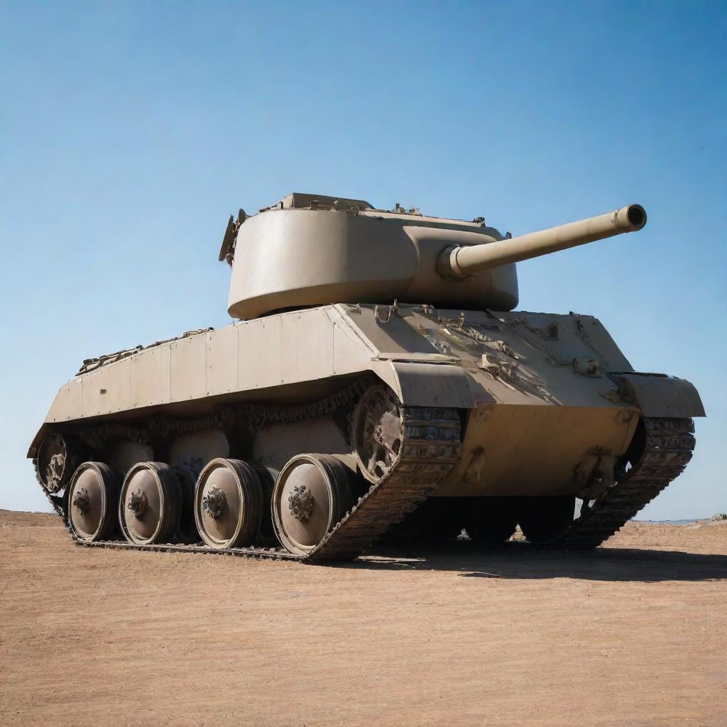 An imposing and meticulously designed Tier tank, standing proudly under a cloudless sky, gleaming in the sunlight