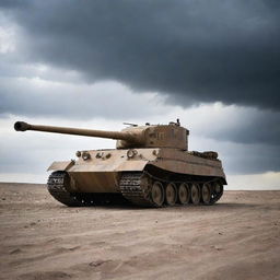 A remarkably detailed Tiger 1 tank in a barren landscape, its imposing silhouette highlighted against a dramatic sky