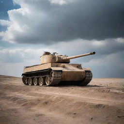 A remarkably detailed Tiger 1 tank in a barren landscape, its imposing silhouette highlighted against a dramatic sky