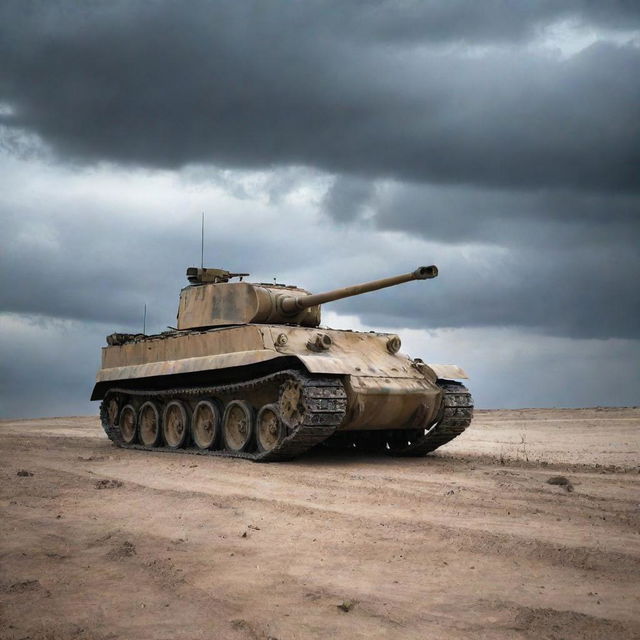 A remarkably detailed Tiger 1 tank in a barren landscape, its imposing silhouette highlighted against a dramatic sky