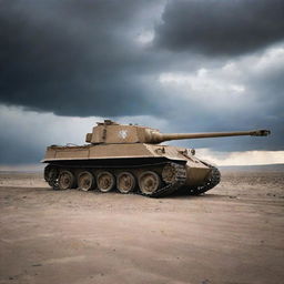 A remarkably detailed Tiger 1 tank in a barren landscape, its imposing silhouette highlighted against a dramatic sky