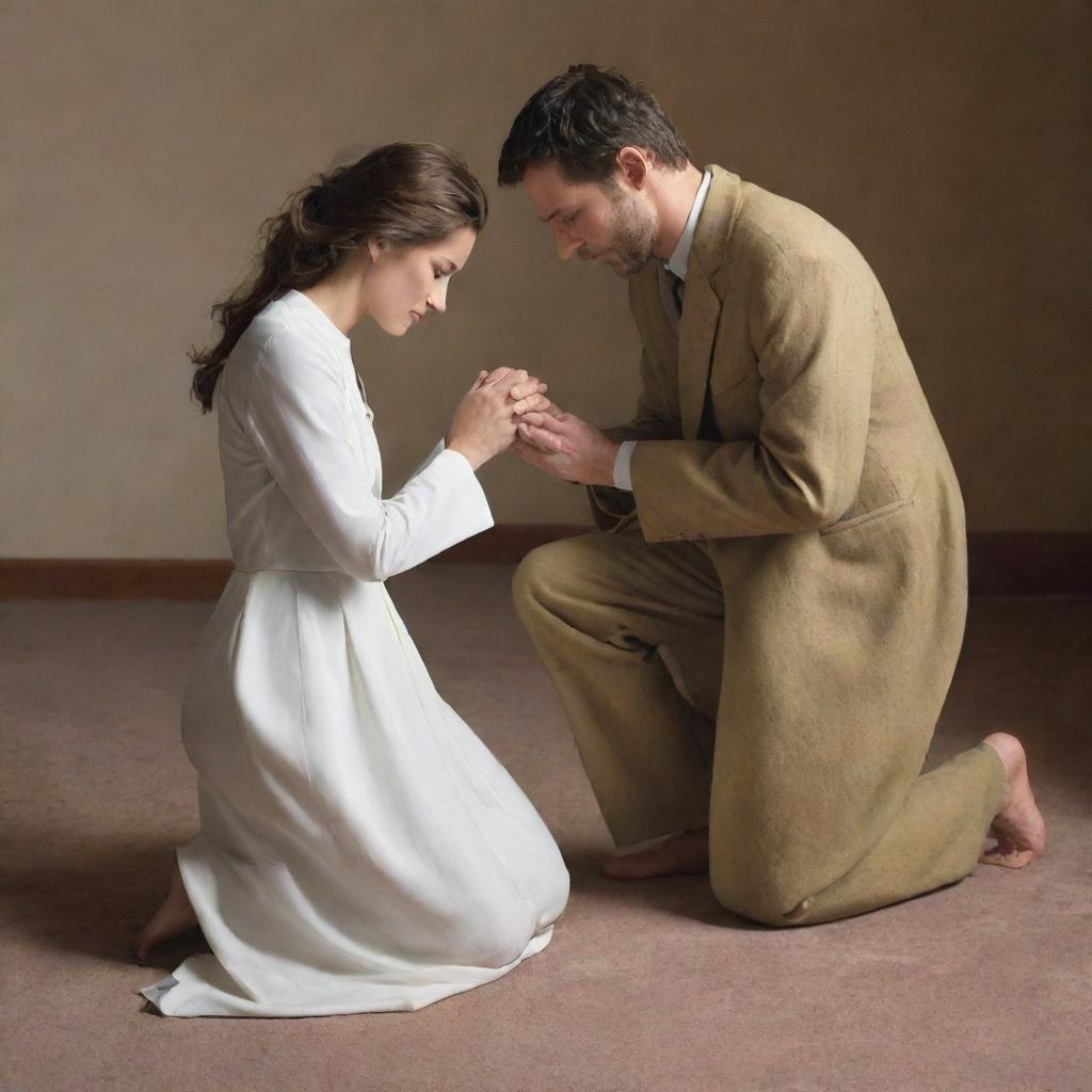 A humble man kneeling before a woman, gently holding her foot in his hands, and bowing his head in remorse, pleading for her forgiveness in a sincere and heartfelt manner.