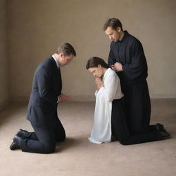 A humble man kneeling before a woman, gently holding her foot in his hands, and bowing his head in remorse, pleading for her forgiveness in a sincere and heartfelt manner.