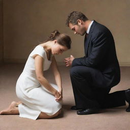 A humble man kneeling before a woman, gently holding her foot in his hands, and bowing his head in remorse, pleading for her forgiveness in a sincere and heartfelt manner.